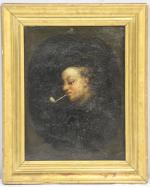 "Portrait d'un fumeur de pipe" Huile sur panneau (Accidents). H:...