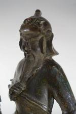 Samouraï sur son cheval, sculpture en bronze polychromé, Japon, vers...