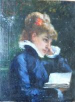 MIRALLES Francisco (1848-1901) : Elégante de la Belle Epoque lisant,...
