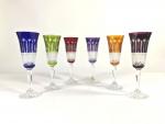 CRISTAL DE PARIS, 6 flûtes en cristal coloré à décor...