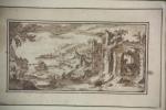 Epoque XVII ème, " paysage", dessin au lavis, H: 10...
