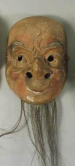 JAPON - XIXe siècle : Masque en bois polychrome représentant...