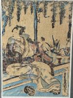 JAPON XIXe siècle : Estampe représentant un jeune homme assis,...