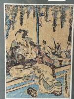 JAPON XIXe siècle : Estampe représentant un jeune homme assis,...
