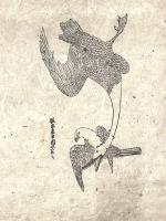 Deux estampes japonaises en noir et blanc, l'une représentant un...