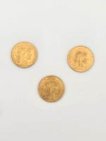 3 pièces de 10 Francs Coq, 1899, 1905, 1910, poids...