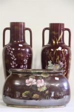 MASSIER: Ensemble de céramiques comprenant deux beaux vases à décor...