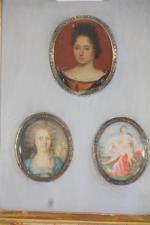 Epoque XVIII ème, trois miniatures sur ivoire et métal, deux...