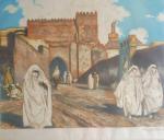 LOBEL-RICHE Alméry (1880-1950) : Entrée de Marrakech animée. Lithographie signée,...