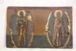 Icone sur bois d'une vierge et d'un saint auréolé, XIXème...