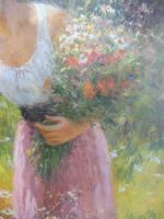 A. GALZENATI (XXème s.) : Jeune femme ramassant des fleurs...