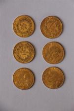6 pièces de 10F or ( 3 "au coq" datées...
