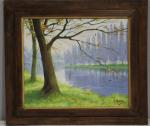 A. MOURRE: (XXème siècle): "Paysage lacustre", huile sur toile signée...