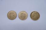 3 pièces de 10 francs or 1851-1900-1906Poids unitaire : 3.2...