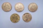 5  pièces de 20 francs or 1911-1913-1908-19131865. Poids unitaire...