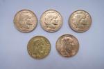 5  pièces de 20 francs or 1911-1913-1908-19131865. Poids unitaire...