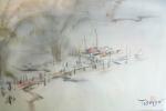 DUYEN Tu (1915-2012)  : Bateaux à l'embarcadère, peinture sur...