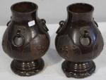 Paire de deux vases chinois en bronze, à patine brune...