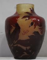 Emile GALLE (1846-1904): Vase tronçonique, dominante orange, en pâte de...