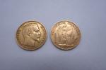2 pièces de 20 francs or 1859 et 1875. Poids...