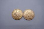 2 pièces de 20 francs or 1913. Poids unitaire :...