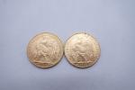 2 pièces de 20 francs or 1908 et 1913. Poids...