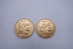2 pièces de 20 francs or 1913 et 1914. Poids...