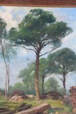 ECOLE FRANCAISE du XIXème siècle. "Paysage aux bois coupés", huile...
