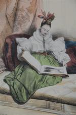 DAVERIA. "Jeune fille lisant", lithographie aquarellée. 27,5 x 22 cm.