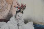 DAVERIA. "Jeune fille lisant", lithographie aquarellée. 27,5 x 22 cm.
