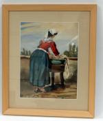 ECOLE FRANCAISE du 19ème siècle. "Femme lavant son linge", aquarelle...