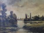 CONSTAN (Ecole française XIXème). "Paysage à la rivière animée" huile...