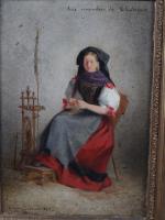 MERCIER Louise (XIX - XXème). "La Fileuse", huile sur panneau...
