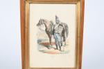 Hippolyte BELLANGE (1800-1866). "Hussard, 1795", Gravure en couleurs, encadrée. 21,5...