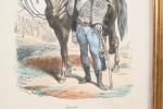 Hippolyte BELLANGE (1800-1866). "Hussard, 1795", Gravure en couleurs, encadrée. 21,5...