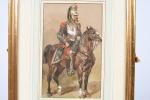 Hippolyte LALAISSE (1812-1884). "Cuirassier à cheval", Aquarelle et lavis signé...