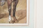 Hippolyte LALAISSE (1812-1884). "Cuirassier à cheval", Aquarelle et lavis signé...