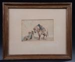 FORT Théodore (1810-1896). "Cheval et homme endormi", aquarelle signée du...
