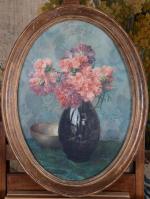 FAUX-FROIDURE Eugénie (1886-?). "Bouquet oeillet dans un vase", aquarelle ovale...