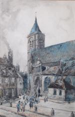 FRANK BOGGS (1855-1926). "Bourges", dessin au fusain aquarellé signé en...