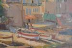 LAPCHINE, Georges (1885-1950/51). "Barques de pêcheurs sur la grève, cote...
