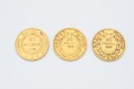MONNAIES (trois) en or : 20 francs 1859, 1860, 1878....