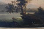 ECOLE FRANCAISE vers 1800. "Barque sur un étang", huile sur...
