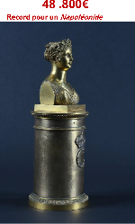 BIENNAIS, Martin Guillaume (1764-1843)<br />
BUSTE en bronze ciselé et doré, taillé en hermès représentant la princesse Caroline MURAT, sœur de l’empereur Napoléon Ier. Epoque Empire.<br />
H : 21,5 - Diam : 7,8 cm.