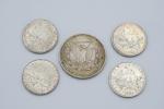 MONNAIES d'ARGENT : 5 francs semeuse (x 4) et one...