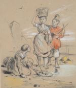 ADAM, Victor (1801-1866). Scène de pêcheurs sur la plage. Dessin...
