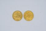 MONNAIES (deux) en or de 20 dollars, Saint Gaudens, 1908....