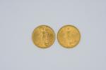 MONNAIES (deux) en or de 20 dollars, Saint Gaudens, atelier...