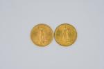 MONNAIES (deux) en or de 20 dollars, Saint Gaudens, 1922....
