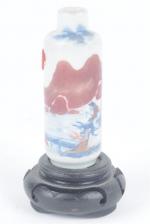 CHINE. Petite bouteille cylindrique en porcelaine à décor polychrome d'un...